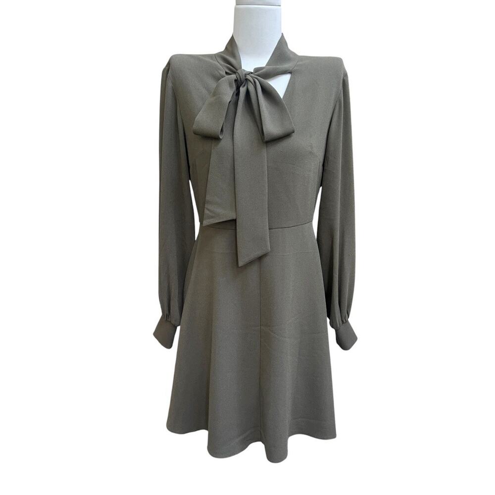 Tibi Sage Green A Line Fit Flare Dress Long Balloon Slv Bow Tie Sz 2 Neutral
